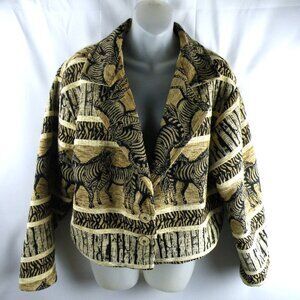 Paco Soler Jacket Zebra Safari Print Woven Cotton Knit Long Sleeve Size M/L
